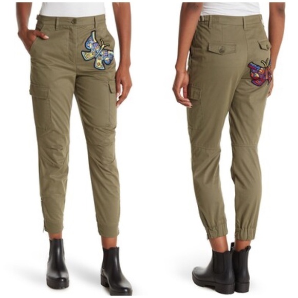 NWT Jeremy Scott Military Green High Rise Cargo Pants Butterfly Guns Patch Sz 8 - Picture 1 of 16